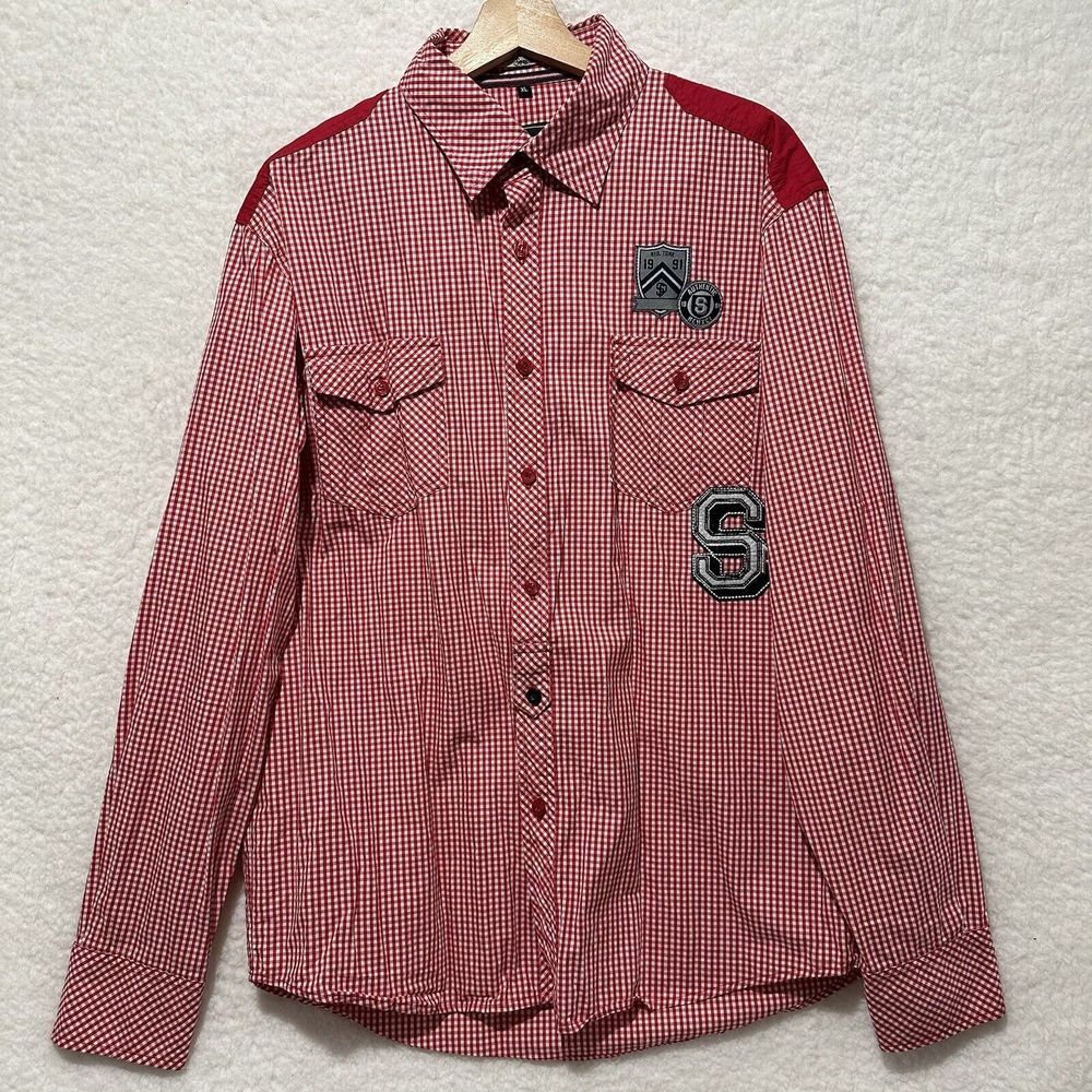 Southpole Men's Vintage Red and White Long Sleeve Shirt Size XL